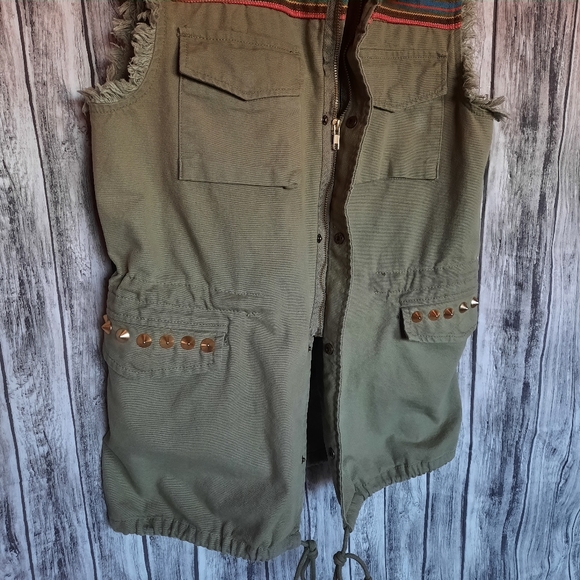 GB Edgy Cotton Canvas Military Green Serape Punk Country Vest - Picture 8 of 12